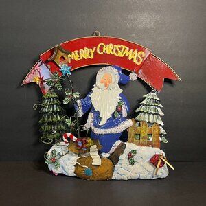 Merry Christmas 3D Metal Tin Santa Claus & Winter Scene Hanging Wreath Decor